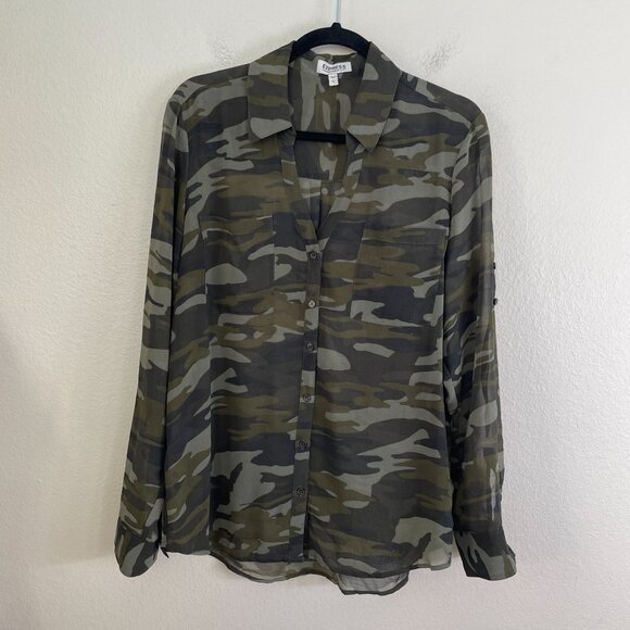 Express Portofino Shirt Womens Large Camo Button Up Sheer Roll Tab Sleeve Blouse - Picture 1 of 8